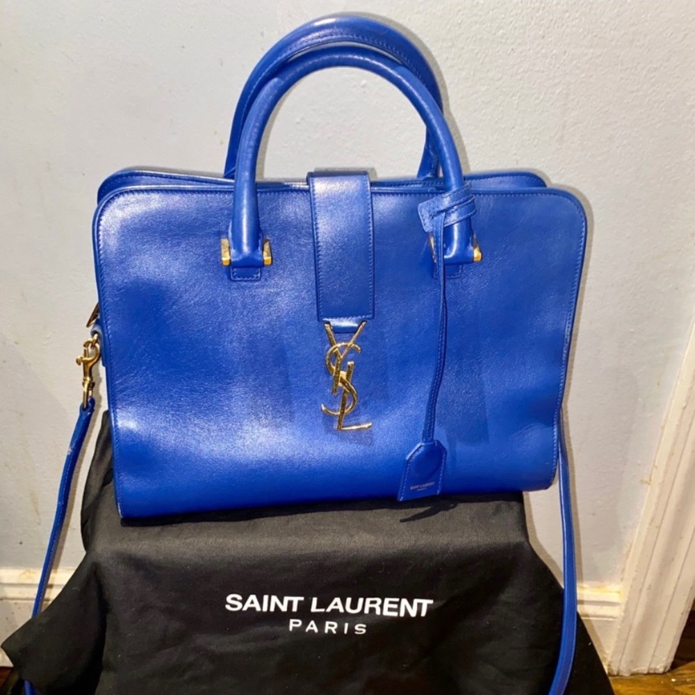Auth YVES SAINT LAURENT Calfskin Small Cabas Blue